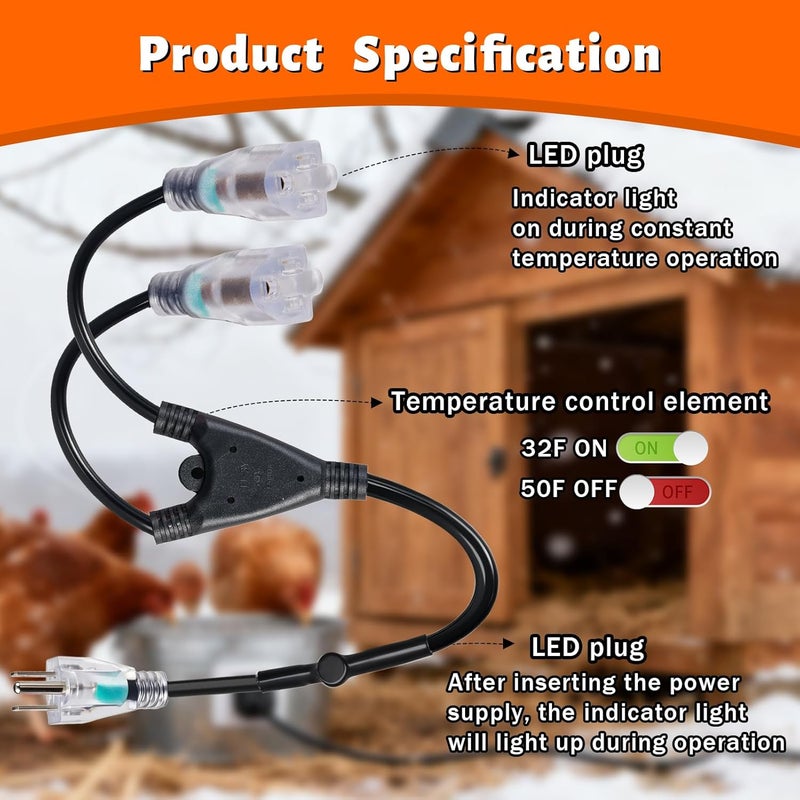 TTQ 2 Plug Cold Thermostat Controlled Extension Cord,32° F(0 Degree) Auto On/50° F(10 Degree) Thermostat Controlled Outlet for Heat Cable Controller,Compatible with Any Outdoor Thermostat Plug Outlet - Image 3